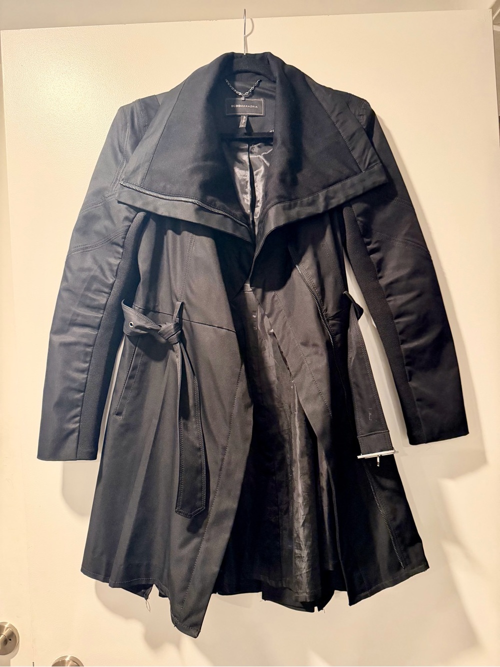 BCBGMaxAzria Black Long Trench Coat with Belted Waist